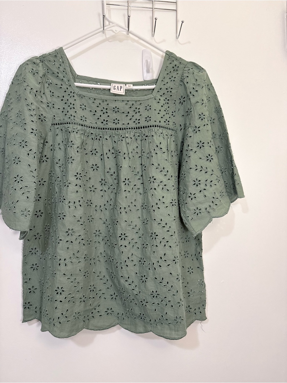 GAP Olive Eyelet Square-Neck Flutter Sleeve Blouse